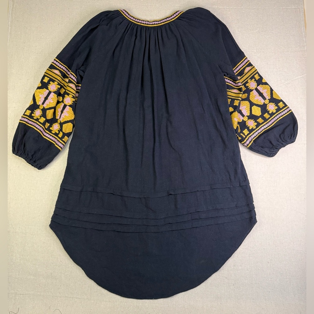 D105 Free People Navy Oversized Dress with Yellow Gold Embroidery - Full Sleeves - Picture 2 of 8